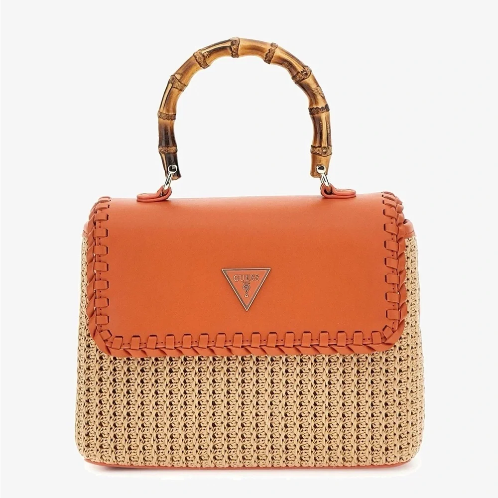 New GUESS Orange and Tan Satchel with Woven Design